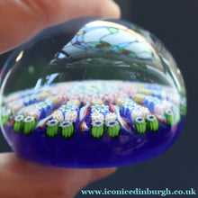 Load image into Gallery viewer, 1970s Scottish PERTHSHIRE Paperweight. Royal Blue Ground, 12 Spokes &amp; Millefiori Canes
