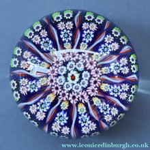 Load image into Gallery viewer, 1970s Scottish PERTHSHIRE Paperweight. Royal Blue Ground, 12 Spokes &amp; Millefiori Canes
