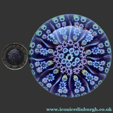 Load image into Gallery viewer, 1970s Scottish PERTHSHIRE Paperweight. Royal Blue Ground, 12 Spokes &amp; Millefiori Canes
