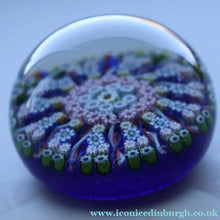 Load image into Gallery viewer, 1970s Scottish PERTHSHIRE Paperweight. Royal Blue Ground, 12 Spokes &amp; Millefiori Canes
