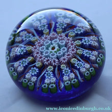 Load image into Gallery viewer, 1970s Scottish PERTHSHIRE Paperweight. Royal Blue Ground, 12 Spokes &amp; Millefiori Canes
