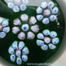Load image into Gallery viewer, 1970s Perthshire Glass Paperweight with Star-Shaped Clusters on Transluscent Emerald Green Base (PP10)
