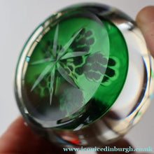 Load image into Gallery viewer, 1970s Perthshire Glass Paperweight with Star-Shaped Clusters on Transluscent Emerald Green Base (PP10)
