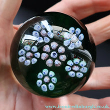 Load image into Gallery viewer, 1970s Perthshire Glass Paperweight with Star-Shaped Clusters on Transluscent Emerald Green Base (PP10)
