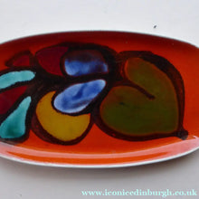 Load image into Gallery viewer, 1970s Poole DELPHIS Oblong Pin Dish. Abstract Still-Life Designs on a Tangerine Orange Background. Excellent Condition
