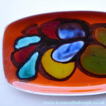 Load image into Gallery viewer, 1970s Poole DELPHIS Oblong Pin Dish. Abstract Still-Life Designs on a Tangerine Orange Background. Excellent Condition
