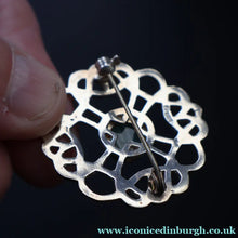 Load image into Gallery viewer, Vintage 1970s Scottish SHETLAND SILVER Celtic Style Brooch with Inset Agate
