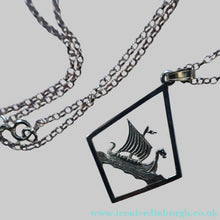 Load image into Gallery viewer, 1970s Vintage Scottish SHETLAND SILVER Viking Boat Necklace tin Original Box
