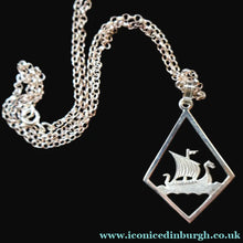 Load image into Gallery viewer, 1970s Vintage Scottish SHETLAND SILVER Viking Boat Necklace tin Original Box
