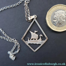 Load image into Gallery viewer, 1970s Vintage Scottish SHETLAND SILVER Viking Boat Necklace tin Original Box


