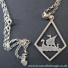 Load image into Gallery viewer, 1970s Vintage Scottish SHETLAND SILVER Viking Boat Necklace tin Original Box

