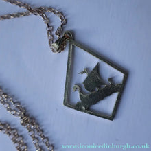 Load image into Gallery viewer, 1970s Vintage Scottish SHETLAND SILVER Viking Boat Necklace tin Original Box
