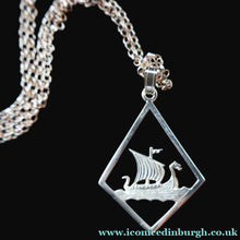 Load image into Gallery viewer, 1970s Vintage Scottish SHETLAND SILVER Viking Boat Necklace tin Original Box
