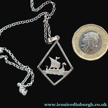 Load image into Gallery viewer, 1970s Vintage Scottish SHETLAND SILVER Viking Boat Necklace tin Original Box

