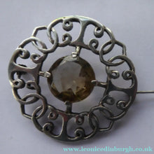Load image into Gallery viewer, SCOTTISH SILVER Brooch. Stylish 1970s Celtic Design with Large Central Citrine
