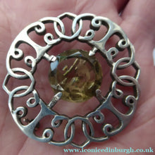 Load image into Gallery viewer, SCOTTISH SILVER Brooch. Stylish 1970s Celtic Design with Large Central Citrine
