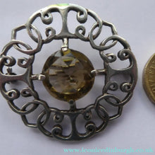 Load image into Gallery viewer, SCOTTISH SILVER Brooch. Stylish 1970s Celtic Design with Large Central Citrine
