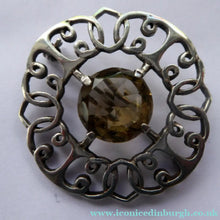 Load image into Gallery viewer, SCOTTISH SILVER Brooch. Stylish 1970s Celtic Design with Large Central Citrine

