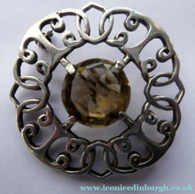 Load image into Gallery viewer, SCOTTISH SILVER Brooch. Stylish 1970s Celtic Design with Large Central Citrine
