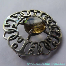 Load image into Gallery viewer, SCOTTISH SILVER Brooch. Stylish 1970s Celtic Design with Large Central Citrine
