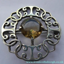 Load image into Gallery viewer, SCOTTISH SILVER Brooch. Stylish 1970s Celtic Design with Large Central Citrine
