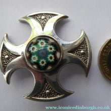 Load image into Gallery viewer, 1970s Caithness Glass Brooch Miniature Millefiori Paperweight Set in Silver Luckenbooth
