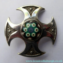 Load image into Gallery viewer, 1970s Caithness Glass Brooch Miniature Millefiori Paperweight Set in Silver Luckenbooth
