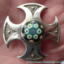 Load image into Gallery viewer, 1970s Caithness Glass Brooch Miniature Millefiori Paperweight Set in Silver Luckenbooth
