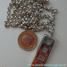 Load image into Gallery viewer, 1970s Vintage "RC" Sterling Silver Ingot PENDANT &amp; Heavy Rolo CHAIN. Hallmarked Sheffield 1978
