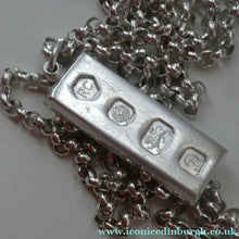 Load image into Gallery viewer, 1970s Vintage "RC" Sterling Silver Ingot PENDANT &amp; Heavy Rolo CHAIN. Hallmarked Sheffield 1978
