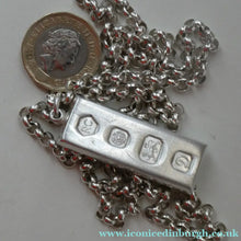 Load image into Gallery viewer, 1970s Vintage "RC" Sterling Silver Ingot PENDANT &amp; Heavy Rolo CHAIN. Hallmarked Sheffield 1978
