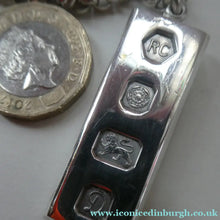 Load image into Gallery viewer, 1970s Vintage "RC" Sterling Silver Ingot PENDANT &amp; Heavy Rolo CHAIN. Hallmarked Sheffield 1978
