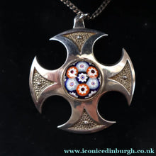Load image into Gallery viewer, Vintage 1970s Silver Hallmarked Cross Pendant with Caithness Glass Paperweight Miniature
