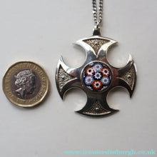 Load image into Gallery viewer, Vintage 1970s Silver Hallmarked Cross Pendant with Caithness Glass Paperweight Miniature
