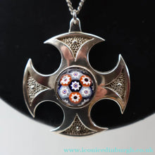 Load image into Gallery viewer, Vintage 1970s Silver Hallmarked Cross Pendant with Caithness Glass Paperweight Miniature
