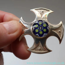 Load image into Gallery viewer, BOXED: Vintage 1970s Silver Hallmarked Cross Shaped Brooch with Caithness Glass Paperweight Miniature
