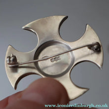 Load image into Gallery viewer, BOXED: Vintage 1970s Silver Hallmarked Cross Shaped Brooch with Caithness Glass Paperweight Miniature
