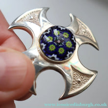 Load image into Gallery viewer, BOXED: Vintage 1970s Silver Hallmarked Cross Shaped Brooch with Caithness Glass Paperweight Miniature
