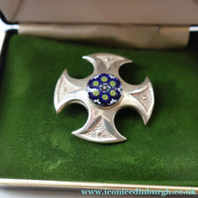 Load image into Gallery viewer, BOXED: Vintage 1970s Silver Hallmarked Cross Shaped Brooch with Caithness Glass Paperweight Miniature
