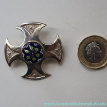 Load image into Gallery viewer, BOXED: Vintage 1970s Silver Hallmarked Cross Shaped Brooch with Caithness Glass Paperweight Miniature
