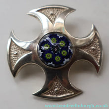 Load image into Gallery viewer, BOXED: Vintage 1970s Silver Hallmarked Cross Shaped Brooch with Caithness Glass Paperweight Miniature
