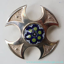 Load image into Gallery viewer, BOXED: Vintage 1970s Silver Hallmarked Cross Shaped Brooch with Caithness Glass Paperweight Miniature
