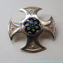 Load image into Gallery viewer, BOXED: Vintage 1970s Silver Hallmarked Cross Shaped Brooch with Caithness Glass Paperweight Miniature
