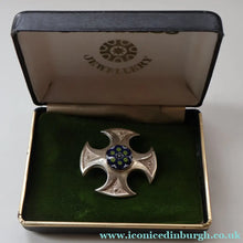Load image into Gallery viewer, Vintage 1970s Silver Hallmarked Cross Shaped Brooch - with Caithness Glass Paperweight Miniature 

