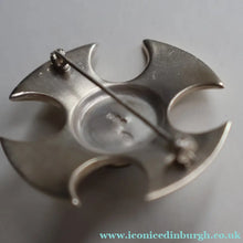 Load image into Gallery viewer, BOXED: Vintage 1970s Silver Hallmarked Cross Shaped Brooch with Caithness Glass Paperweight Miniature
