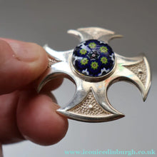 Load image into Gallery viewer, BOXED: Vintage 1970s Silver Hallmarked Cross Shaped Brooch with Caithness Glass Paperweight Miniature
