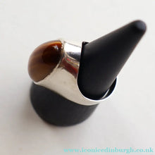 Load image into Gallery viewer, Vintage 1977 Hallmarked Space Age Silver Rings with Oval Tiger's Eye Inclusion. Size O
