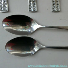 Load image into Gallery viewer, Vintage 1970s Stainless Steel SPANISH Cutlery by Ribera. Eight Dessert Spoons and One Large Serving Spoon Media 1 of 12
