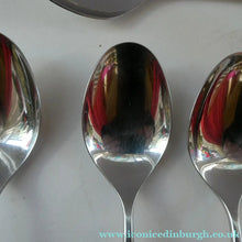 Load image into Gallery viewer, Vintage 1970s Stainless Steel SPANISH Cutlery by Ribera. Eight Dessert Spoons and One Large Serving Spoon Media 1 of 12
