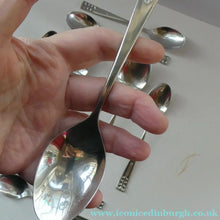 Load image into Gallery viewer, Vintage 1970s Stainless Steel SPANISH Cutlery by Ribera. Eight Dessert Spoons and One Large Serving Spoon Media 1 of 12
